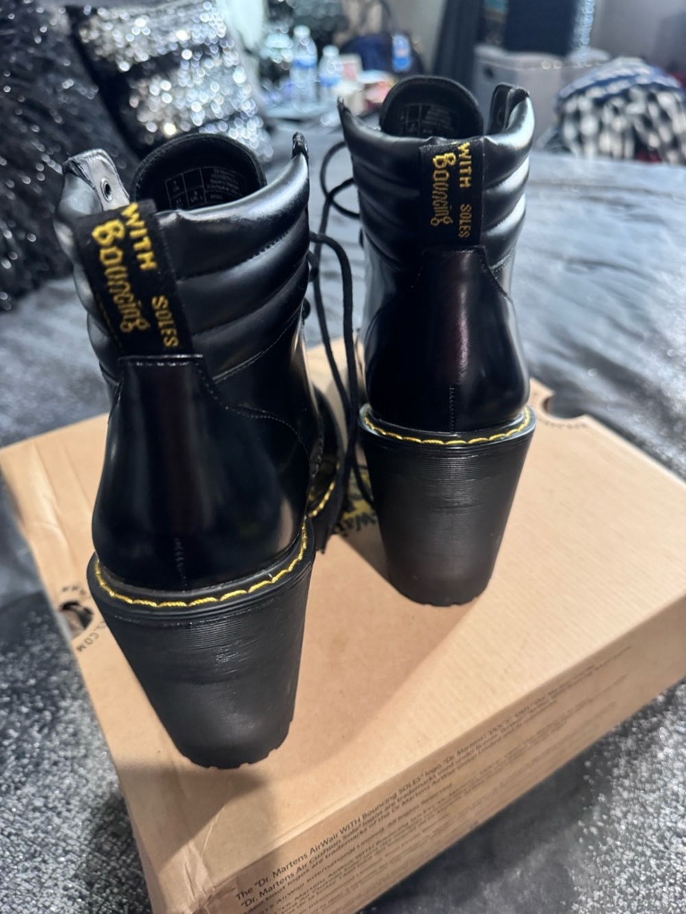 Dr. Martens Black Leather Lace-Up Platform Ankle Boots with Yellow Stitching - Picture 4 of 7